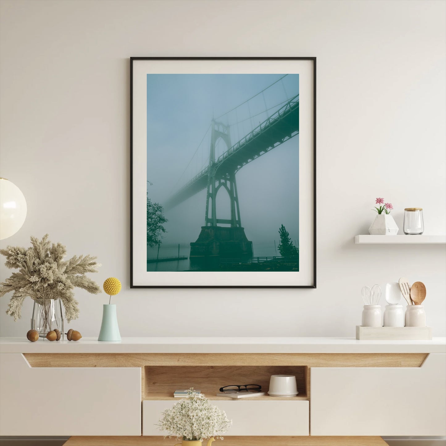 a framed photograph of the st johns bridge on an extremely foggy morning in st johns in portland oregon