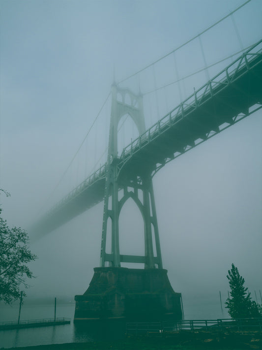 the st johns bridge on an extremely foggy morning in st johns in portland oregon