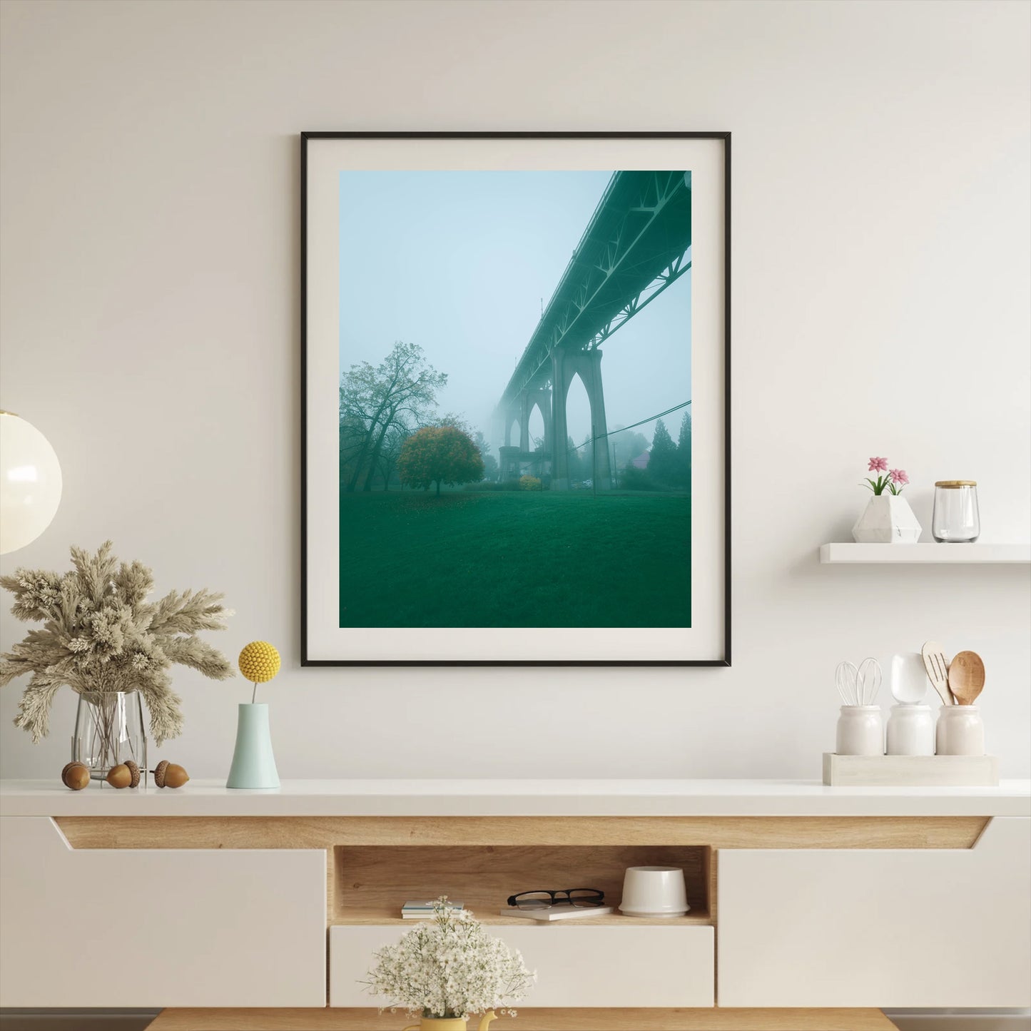 a framed photograph of the st johns bridge in portland oregon on a very foggy morning