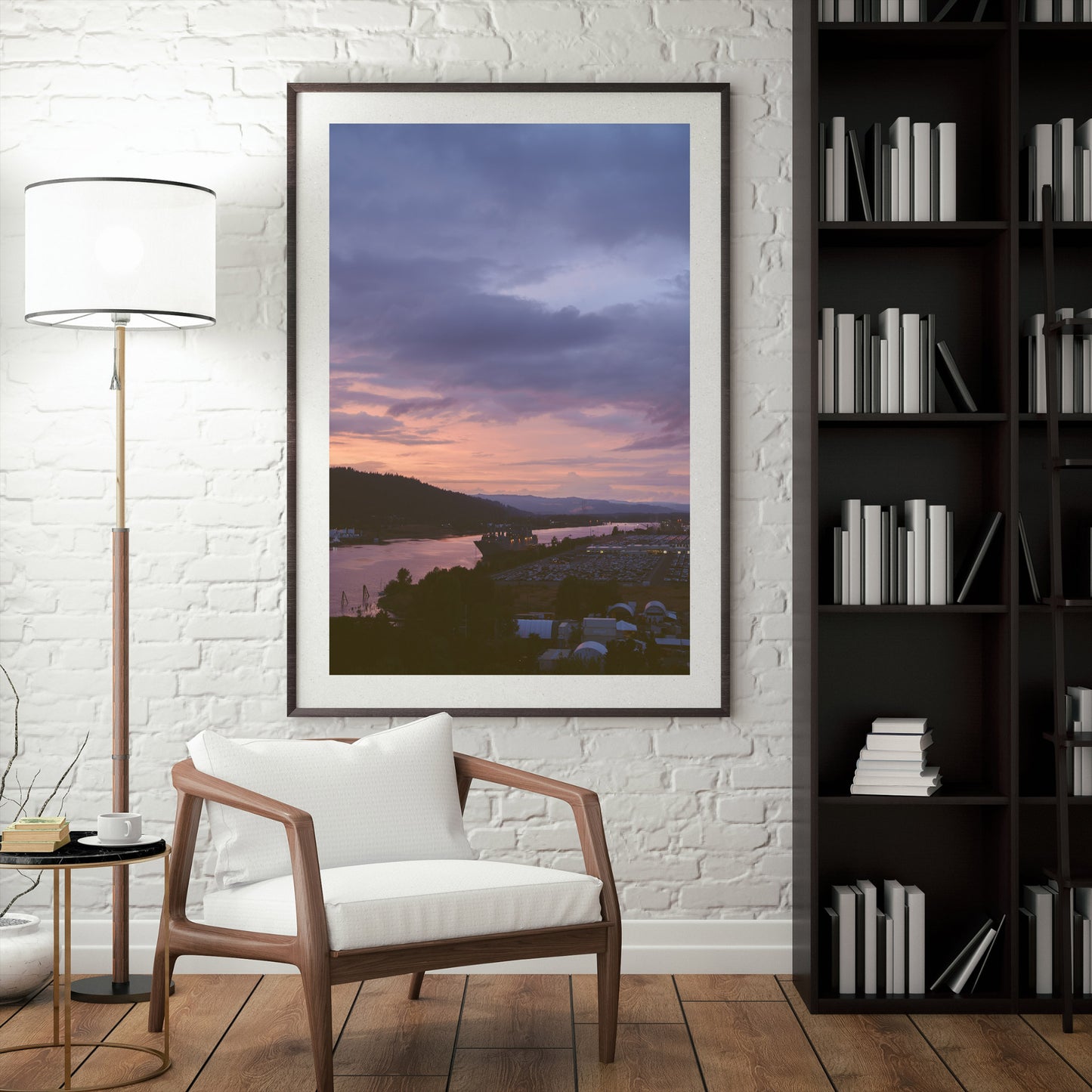 a framed photograph of a beautiful sunset on the Willamette river in Portland with a large ship on the water