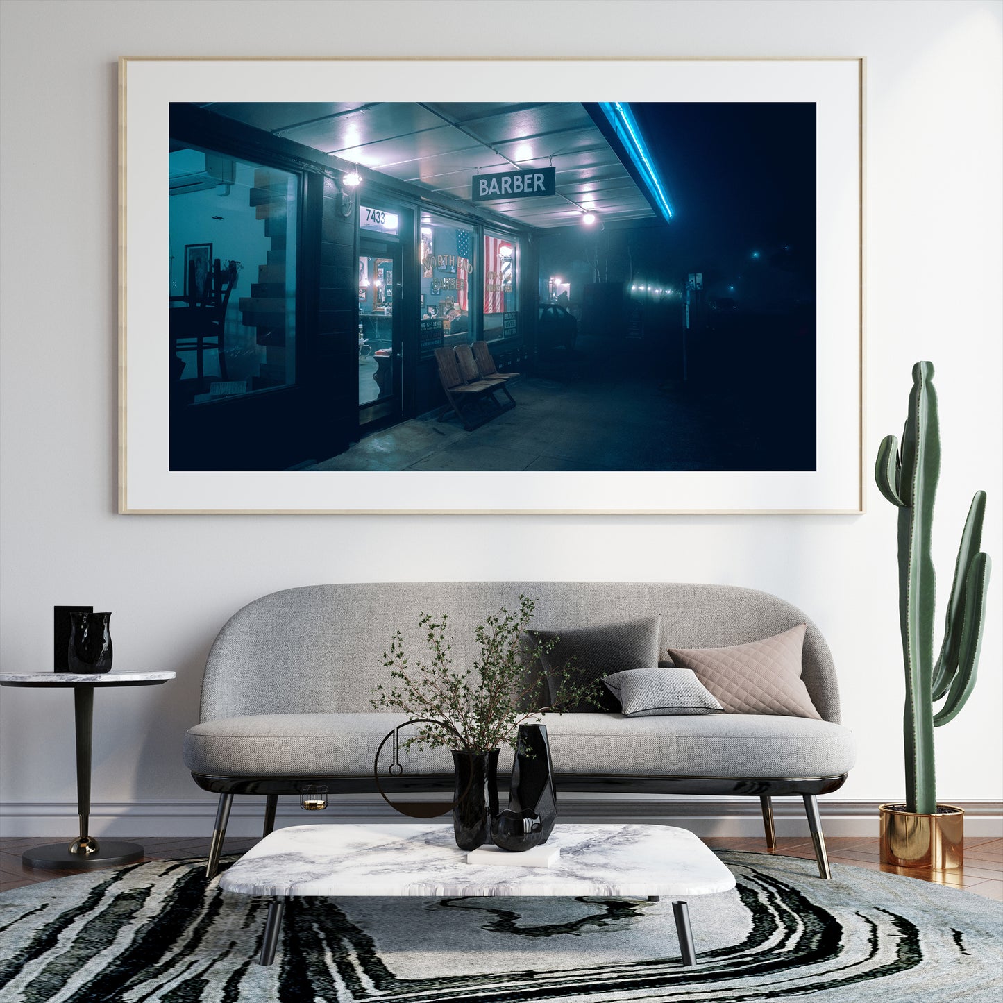 a framed photograph of a barber shop in st johns of portland oregon on a foggy night