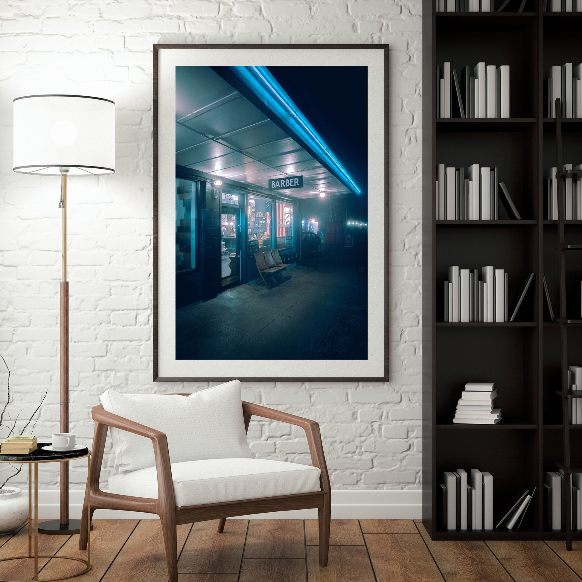 a framed photograph of a barber shop in the neighborhood of st johns in portland on a foggy night