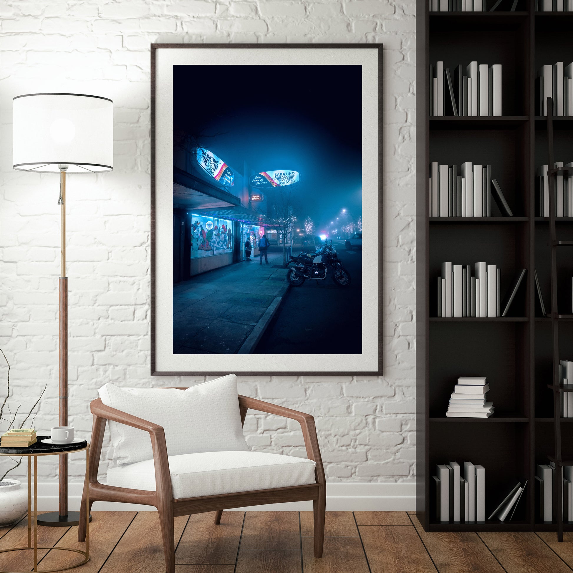 a framed photograph of a man walking alone near a motorcycle shop on a foggy night in st johns portland oregon